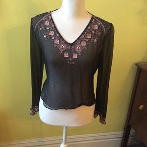 Cute WilliSmith Black Silk Top w/Pink Embroidery M